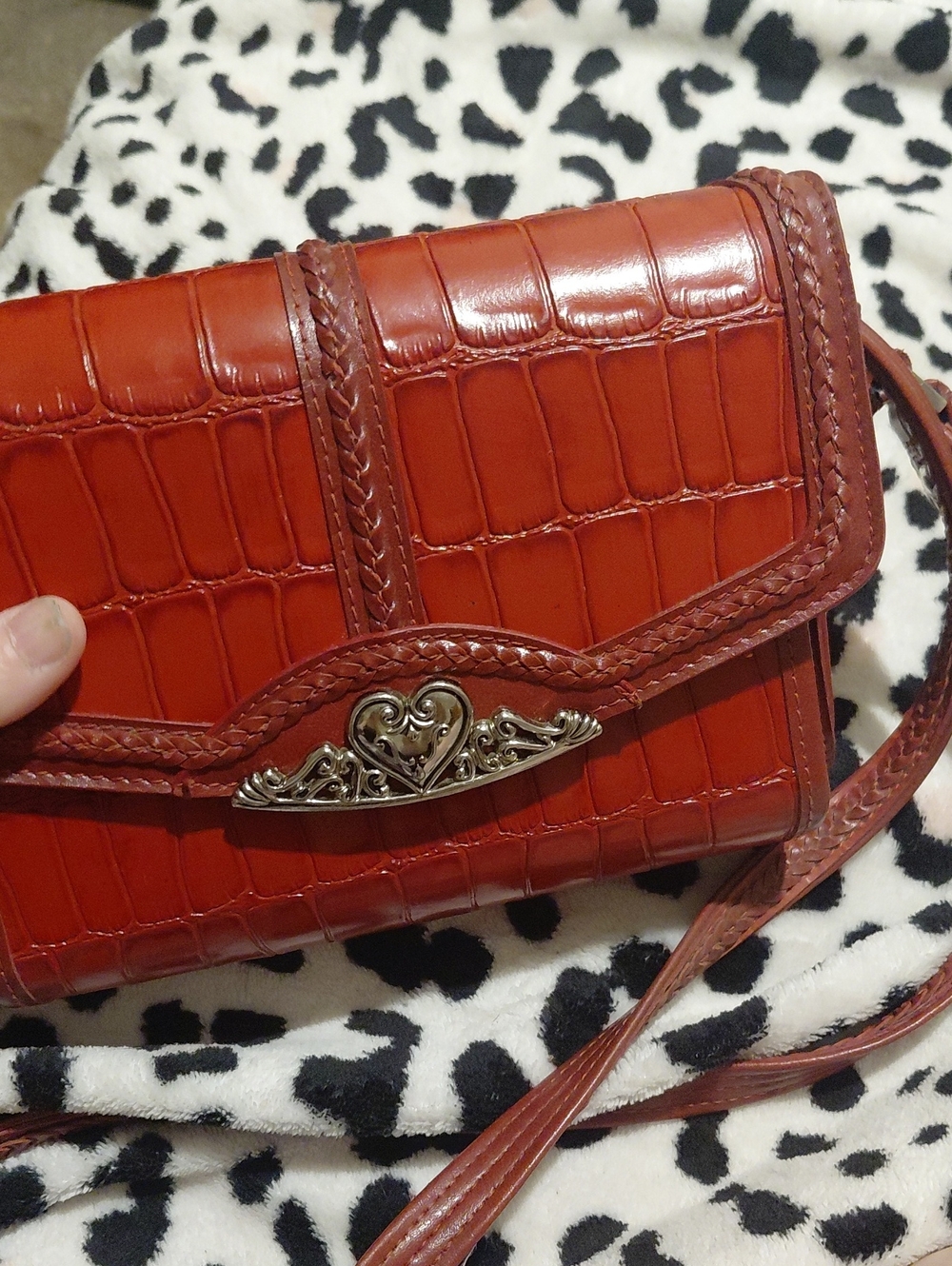 Red Croc-Embossed Leather Crossbody Bag with Heart Accent